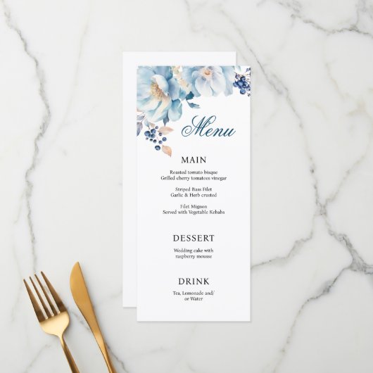 Blue watercolor floral wedding menu (Voorkant / Achterkant in situ)