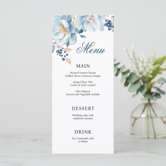Blue watercolor floral wedding menu (Staand voorkant)