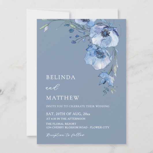Blue Watercolor Flowers Casual Wedding Kaart (Voorkant)