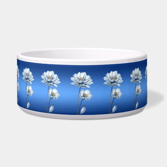 Blue Watercolor Flowers Ceramic Pet Bowl Voerbakje (Voorkant)