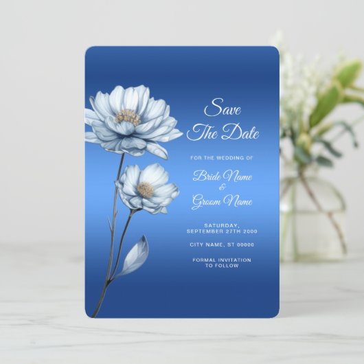 Blue Watercolor Flowers Save The Date (Staand voorkant)