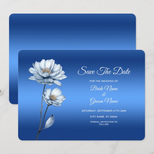 Blue Watercolor Flowers Save The Date (Voorkant / Achterkant)
