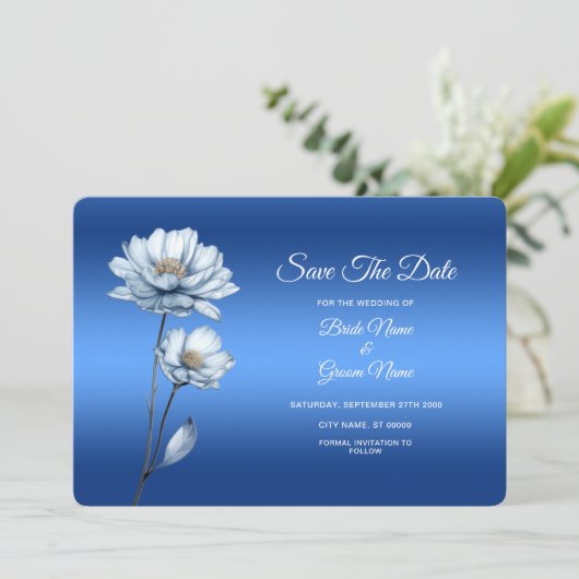Blue Watercolor Flowers Save The Date (Staand voorkant)