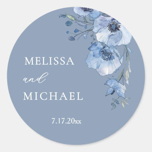 Blue Watercolor Flowers Wedding Ronde Sticker (Voorkant)