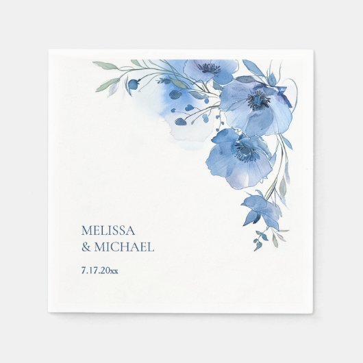 Blue Watercolor Flowers Wedding Servet (Voorkant)