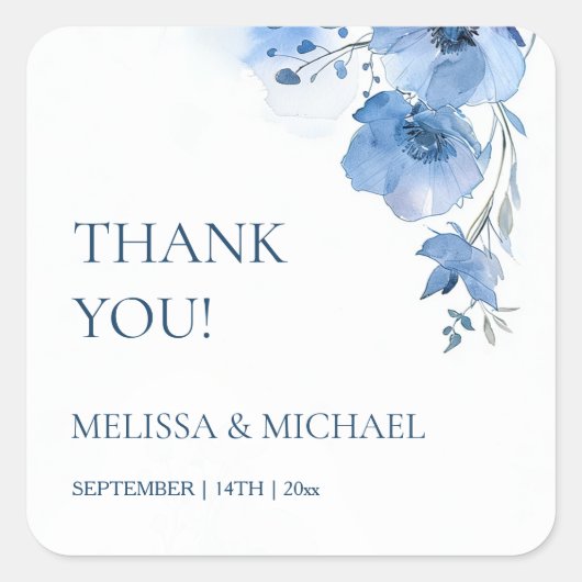 Blue Watercolor Flowers Wedding Thank You Vierkante Sticker (Voorkant)