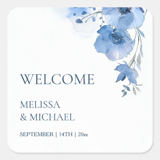Blue Watercolor Flowers Wedding Welcome Vierkante Sticker (Voorkant)