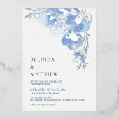 Blue Watercolor Flowers White Silver Folie Uitnodiging (Voorkant)