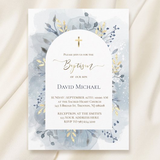blue watercolor foliage Baptism  Kaart