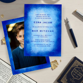 Blue Watercolor Frame Custom PHOTO Bar Bat Mitzvah Kaart