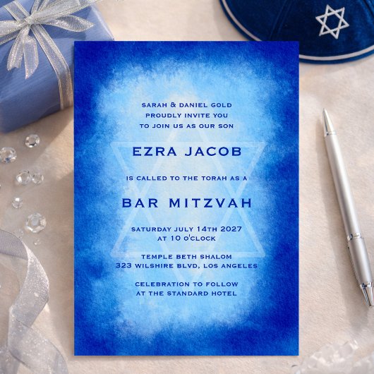 Blue Watercolor Frame Star Custom Bar Bat Mitzvah Kaart