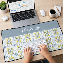 Blue Watercolor French Country Lemon Name Monogram Bureaumat