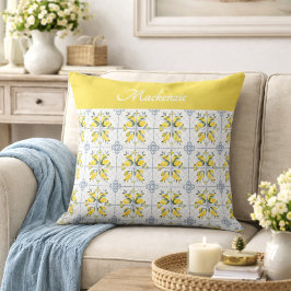 Blue Watercolor French Country Lemon Name Monogram Kussen