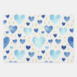 Blue Watercolor & Gold Glitter Hearts Inpakpapier Vel