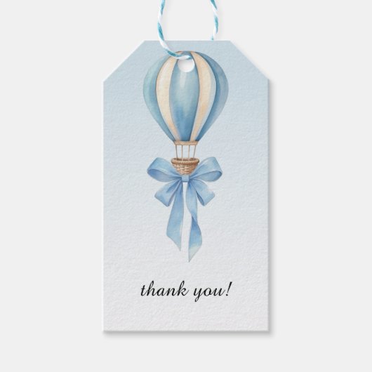 Blue Watercolor Hot Air Balloon Boy Baby Shower Cadeaulabel (Voorkant)