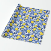 Blue Watercolor Lemon Pattern  Cadeaupapier (Uitgerold)