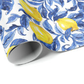 Blue Watercolor Lemon Pattern  Cadeaupapier (Rol Hoek)