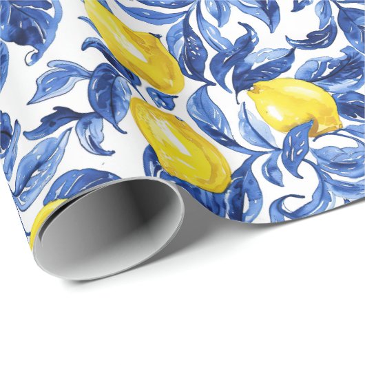 Blue Watercolor Lemon Pattern  Cadeaupapier (Rol Hoek)