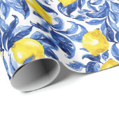 Blue Watercolor Lemon Pattern  Cadeaupapier (Rol Hoek)