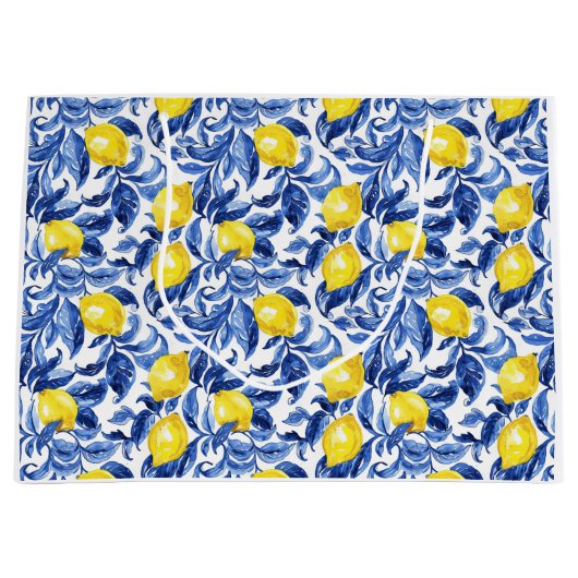 Blue Watercolor Lemon Pattern Groot Cadeauzakje (Voorkant)