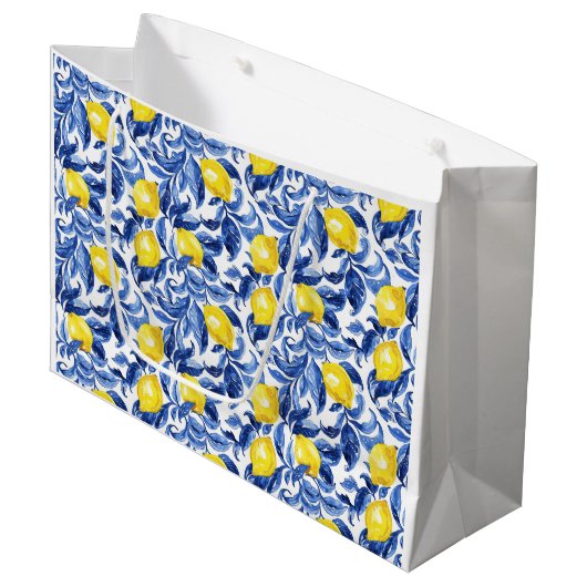 Blue Watercolor Lemon Pattern  Groot Cadeauzakje (Voorkant Gekanteld)