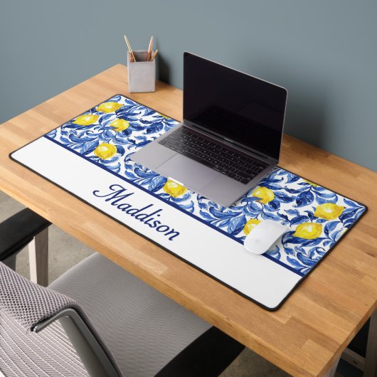 Blue Watercolor Lemon Pattern Monogram Name Bureaumat (Kantoor 2)