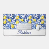 Blue Watercolor Lemon Pattern Monogram Name Bureaumat (Keyboard & Muis)