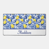 Blue Watercolor Lemon Pattern Monogram Name Bureaumat (Voorkant)