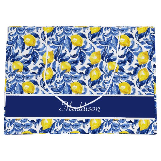 Blue Watercolor Lemon Pattern Monogram Name Groot Cadeauzakje (Voorkant)