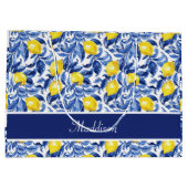 Blue Watercolor Lemon Pattern Monogram Name Groot Cadeauzakje (Achterkant)