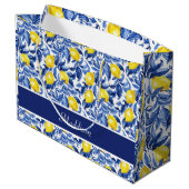 Blue Watercolor Lemon Pattern Monogram Name Groot Cadeauzakje (Achterkant Gekanteld)