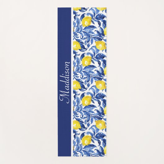 Blue Watercolor Lemon Pattern Monogram Name Yogamat (Voorkant)