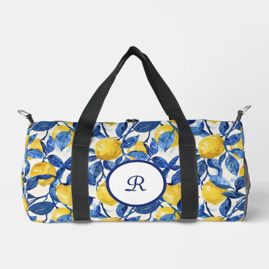 Blue Watercolor Lemon Pattern Monogram Plunjezak (Voorkant)