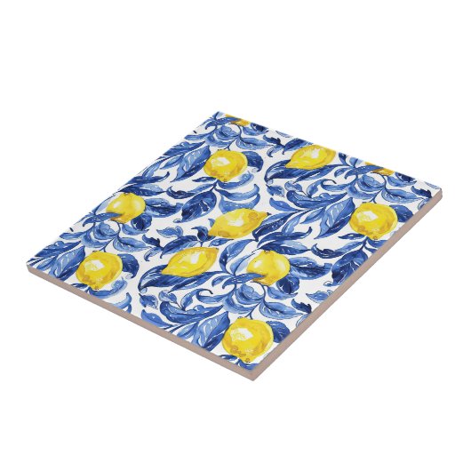 Blue Watercolor Lemon Pattern Tegeltje (Zijkant)