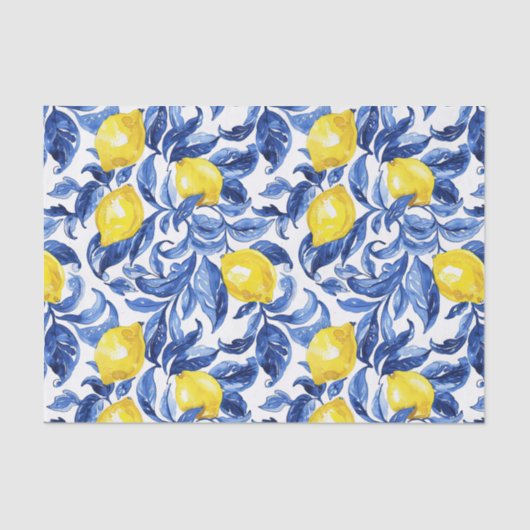 Blue Watercolor Lemon Pattern  Tissuepapier (Voorkant)
