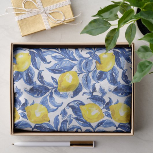 Blue Watercolor Lemon Pattern Tissuepapier (Geschenk)
