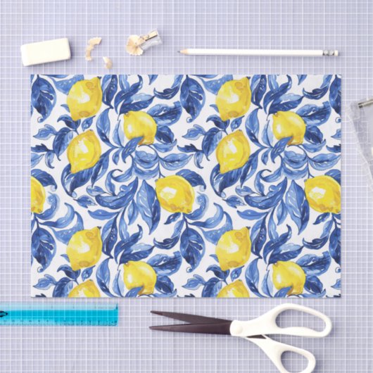 Blue Watercolor Lemon Pattern Tissuepapier (Craft)