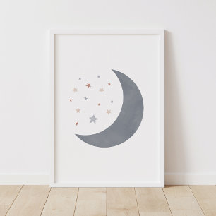 Blue Watercolor Moon Boho Nursery Decor Poster