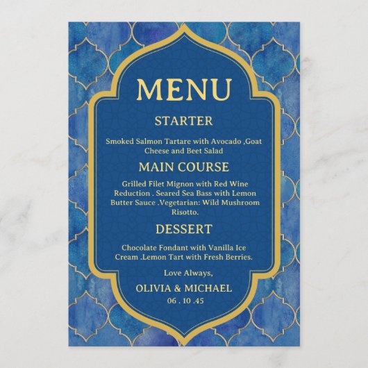 Blue Watercolor Moroccan Wedding Menu (Voorkant)