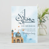Blue Watercolor Mosque & Gold Stars Eid Mubarak Feestdagenkaart (Staand voorkant)