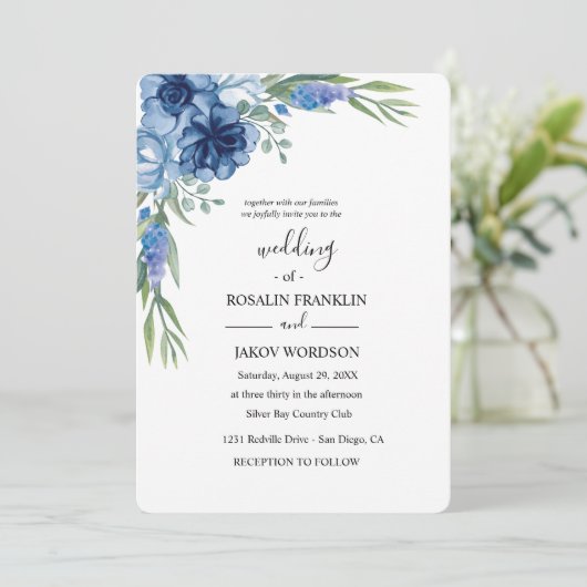 blue watercolor rustic wedding kaart (Staand voorkant)