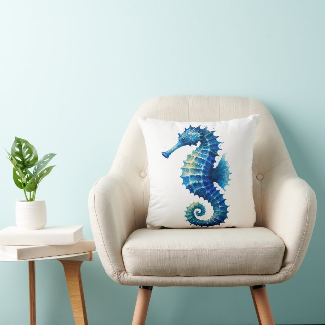 Blue Watercolor Seahorse Throw Pillow Kussen (Stoel)