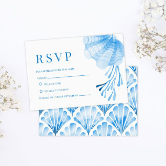 Blue Watercolor Seashell and Coral RSVP Kaartje