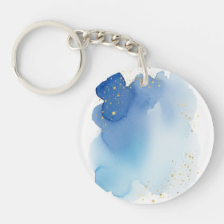 Blue Watercolor Splash with Gold Glitter Dots Sleutelhanger