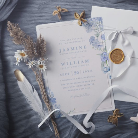 Blue Watercolor Virtual Elegant QR Code Wedding Kaart