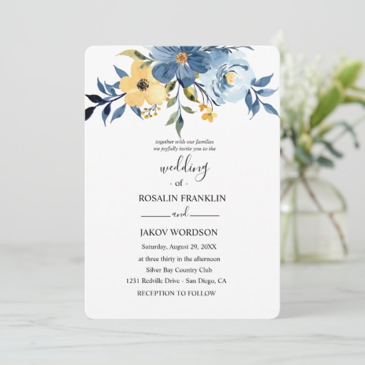 blue watercolor wedding Invitation Kaart (Staand voorkant)