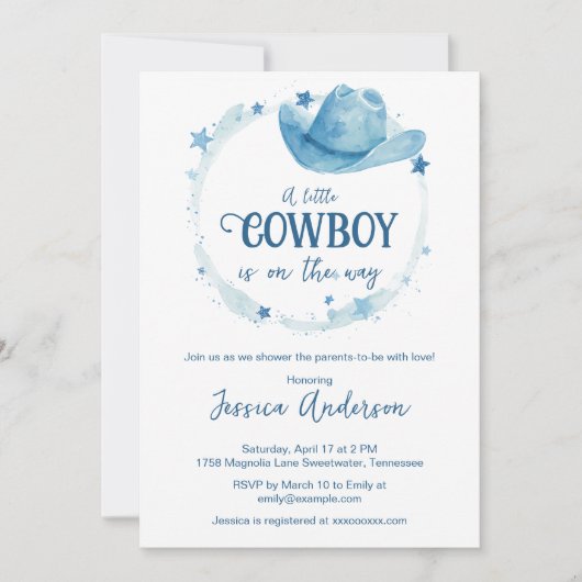 Blue Watercolor Western Cowboy Hat Baby Shower  Kaart (Voorkant)