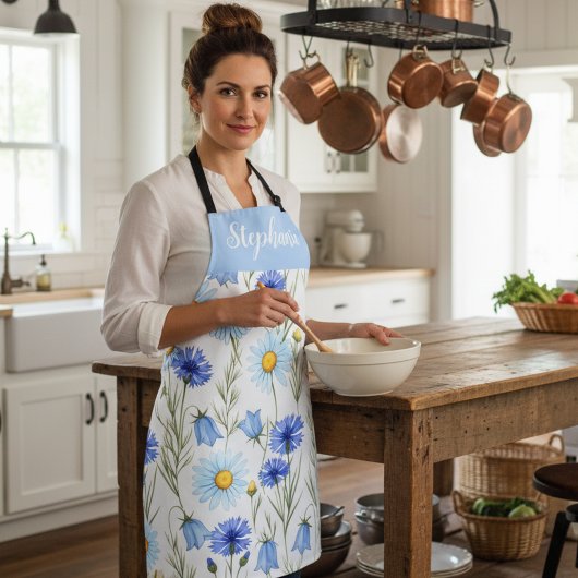 Blue Watercolor Wildflower Custom Name Schort