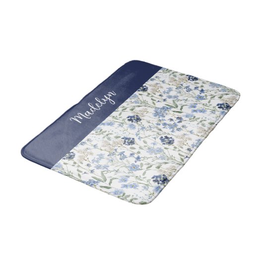 Blue Watercolor Wildflower Monogram Name Badmat (Gekanteld)