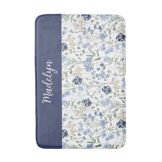 Blue Watercolor Wildflower Monogram Name Badmat (Voorkant Verticaal)